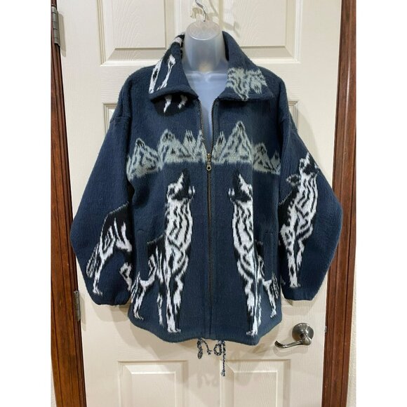 Vintage Yarina Wool Jacket With Wolf Design Full-Zip Closure Medium - Picture 6 of 7